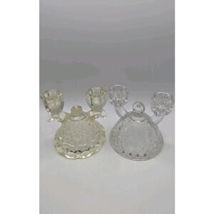 Vintage Pair of Clear Pressed Glass Double Candle Holders